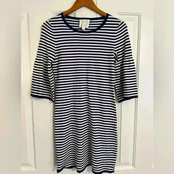 Sail to Sable STS Navy and White Striped Bell Sleeve Sweater Dress XS - Picture 2 of 11